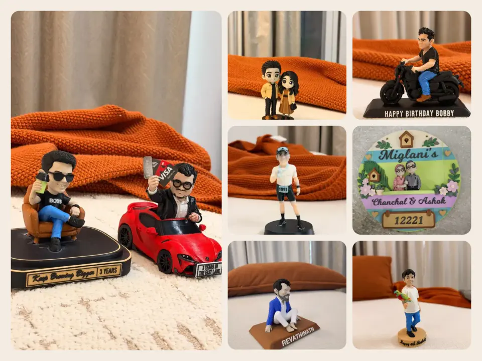 Collage of custom 3D caricatures — boss in an armchair, man in a sports car, couples, a biker, a family nameplate and more
